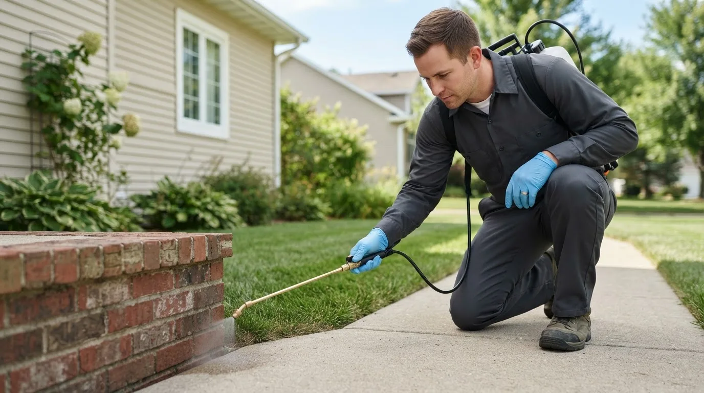 Pest control technician treating a home near Perkins, OK