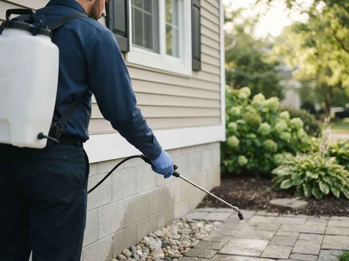 Pest control technician inspecting a home in Perkins, OK
